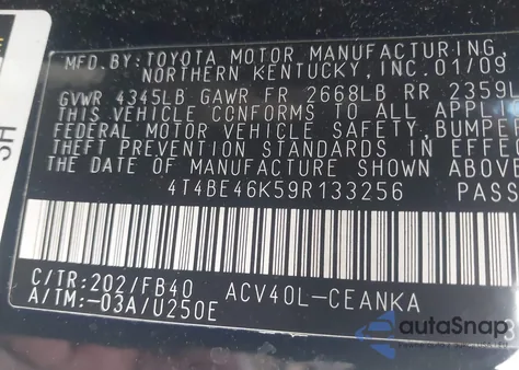 2009 Toyota Camry Le from USA, damaged, VIN 4T4BE46K59R133256